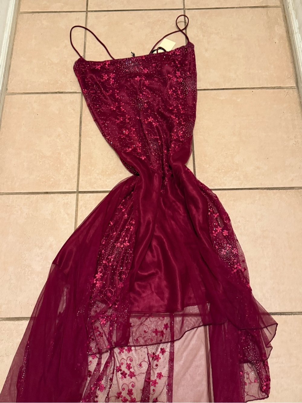 Vintage Burgundy Beaded Spaghetti Strap Evening Gown